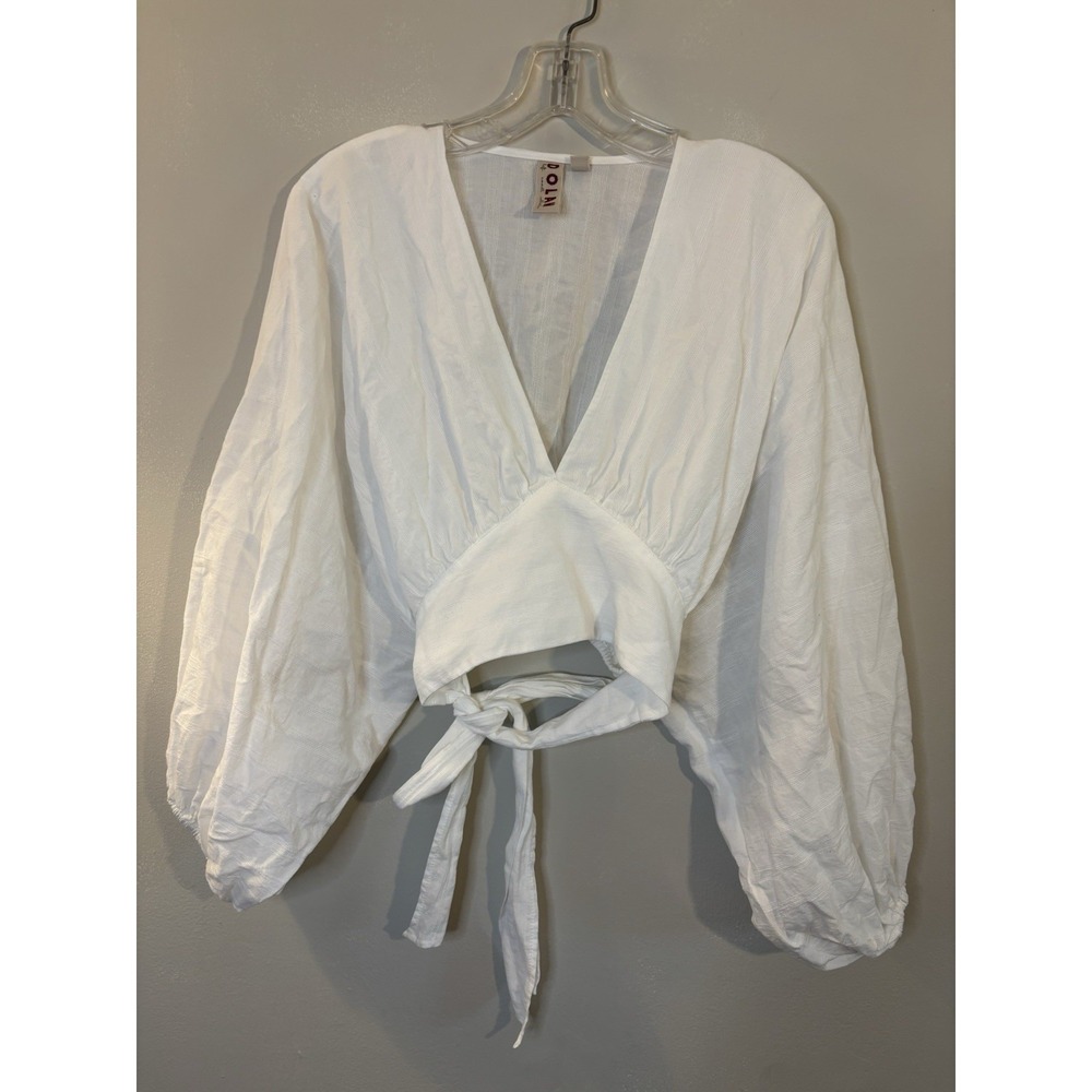 DOLAN White Textured Cotton Puff Sleeve V Neck Crop Top S Festival Anthropologie